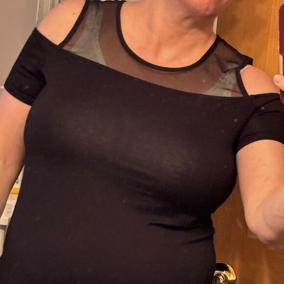 Tahari | Women’s Keyhole Black Button Semi Sheer Cold Shoulder Blouse Shirt - Picture 13 of 13